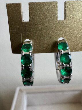 925 Sterling Silver Green Gemstone Huggie Earrings Emerald Style Hoop Earrings